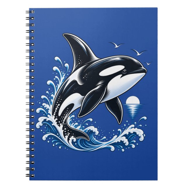 Cute Orca Whale Leaping Through Ocean Waves Notebook (Front)