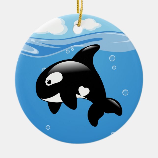 Cute Orca Whale on Blue Ceramic Ornament (Front)