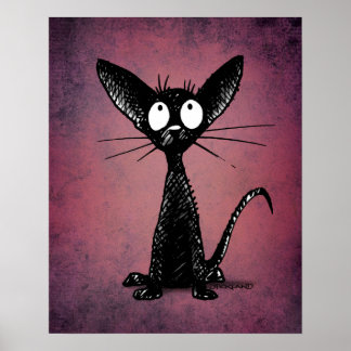 Cute Oriental Black Cat Art on Gothic Purple Poster