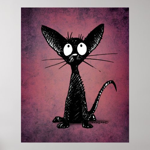 Cute Oriental Black Cat Art on Gothic Purple Poster