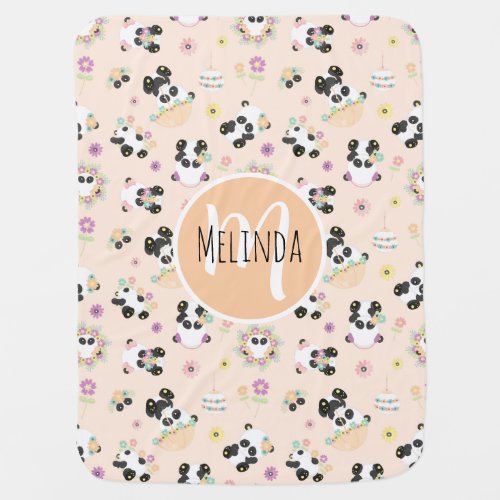 Cute Oriental Pandas Pattern on Beige Baby Blanket