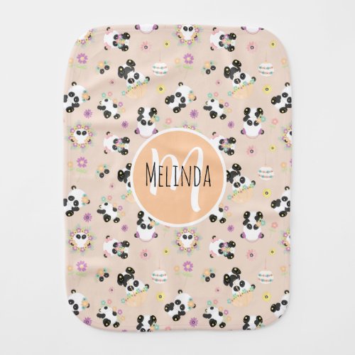 Cute Oriental Pandas Pattern on Beige Baby Burp Cloth