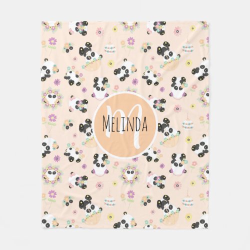 Cute Oriental Pandas Pattern on Beige Fleece Blanket