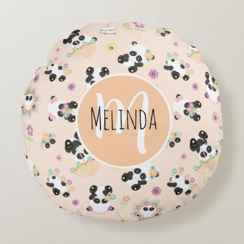 Cute Oriental Pandas Pattern on Beige Round Pillow