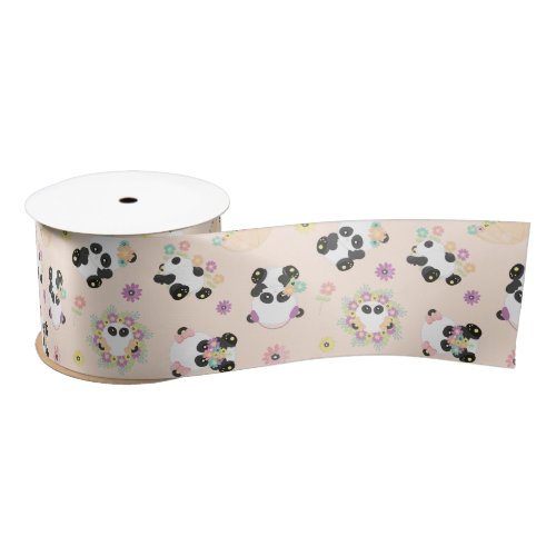 Cute Oriental Pandas Pattern on Beige Satin Ribbon