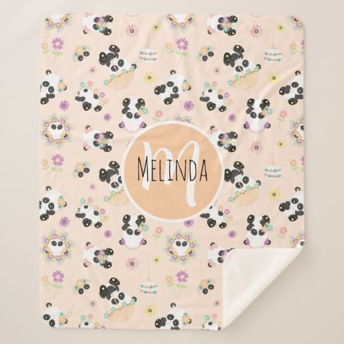 Cute Oriental Pandas Pattern on Beige Sherpa Blanket