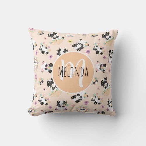 Cute Oriental Pandas Pattern on Beige Throw Pillow