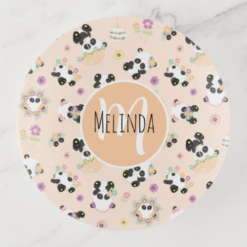 Cute Oriental Pandas Pattern on Beige Trinket Tray