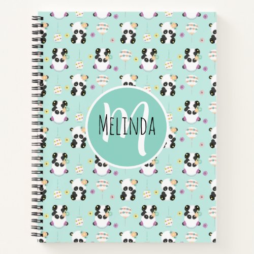 Cute Oriental Pandas Pattern on Green Notebook