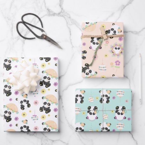 Cute Oriental Pandas Patterns Wrapping Paper Sheets