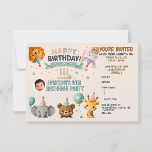 Cute Origami Animal Party Details RSVP Card