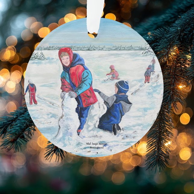 Cute ORIGINAL ARTWORK  Ornament (Elegant and Classic First Snow Fall Winter Scene with Greetings on Back.)