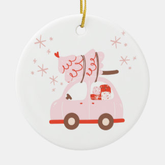 Cute ornament with a car, Christmas tree and gifts