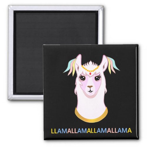 Cute Ornamented Llama on Black Magnet