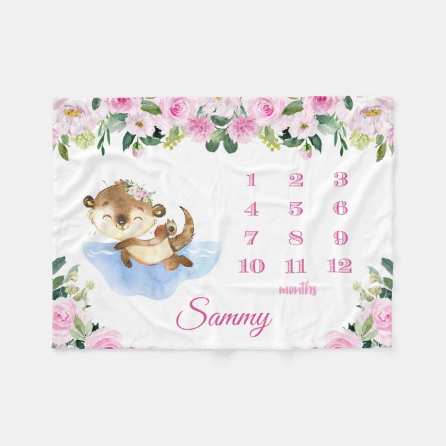 Cute Otter Baby Girl Monthly Milestone Growth Baby Fleece Blanket (Front (Horizontal))