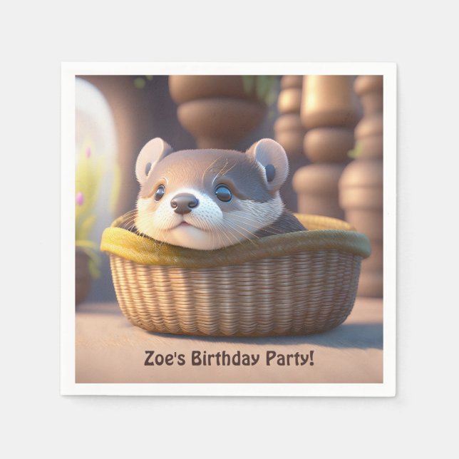 Cute otter baby in a basket - custom kids birthday napkins (Front)