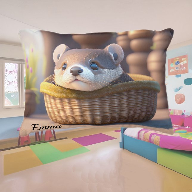 Cute otter baby in a basket - personalizable accent pillow (Creator Uploaded)
