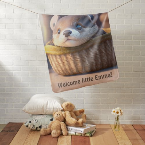 Cute otter baby in a basket _ personalizable baby blanket