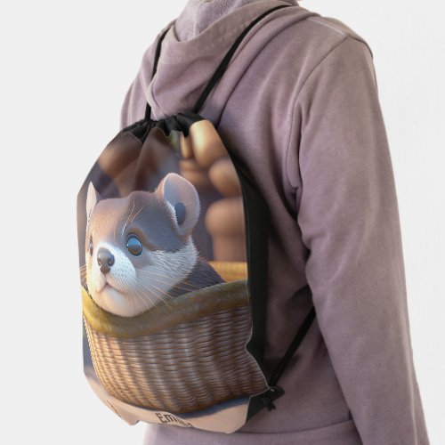Cute otter baby in a basket _ personalizable drawstring bag