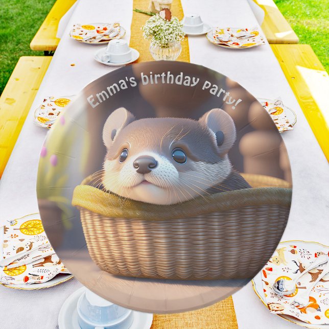 Cute otter baby in a basket - personalizable paper plates (Creator Uploaded)