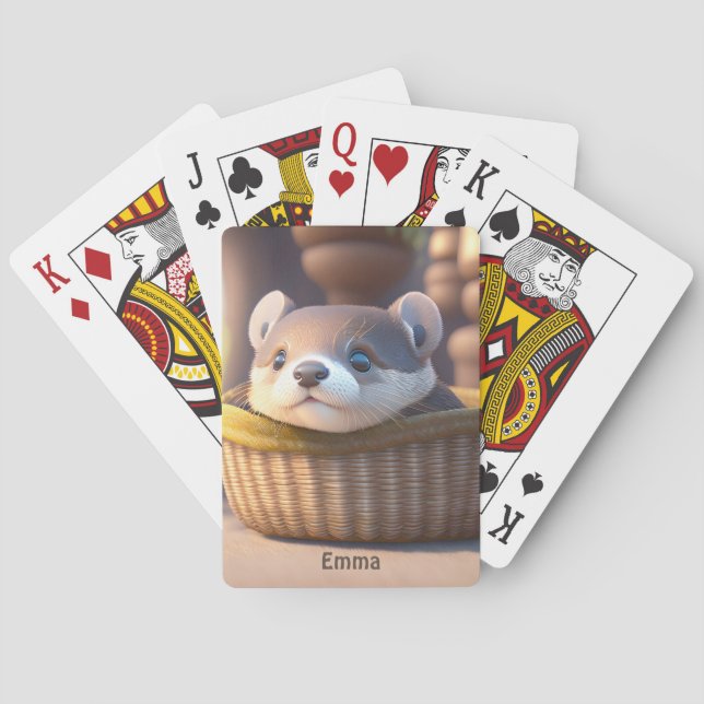 Cute otter baby in a basket - personalizable poker cards (Back)