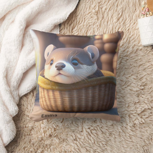 Cute otter baby in a basket - personalizable throw pillow (Blanket)