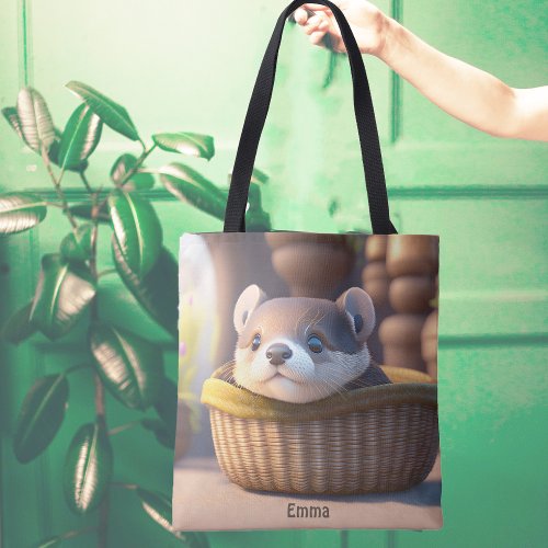 Cute otter baby in a basket _ personalizable tote bag