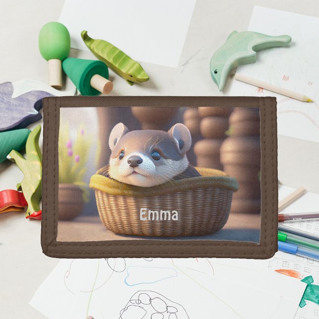 Cute otter baby in a basket - personalizable trifold wallet (Creator Uploaded)