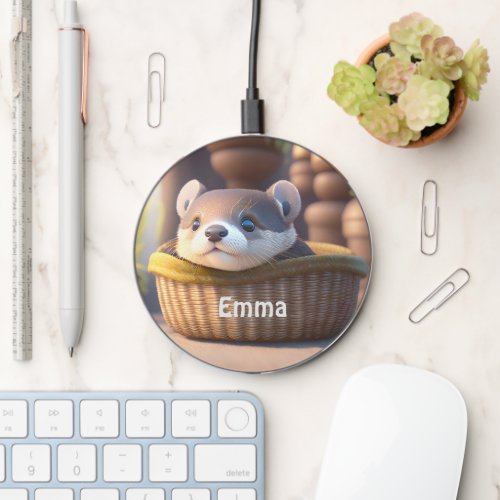 Cute otter baby in a basket _ personalizable wireless charger 