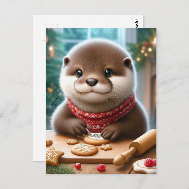 Cute Otter Baking Christmas Cookies Postcard (Front/Back)