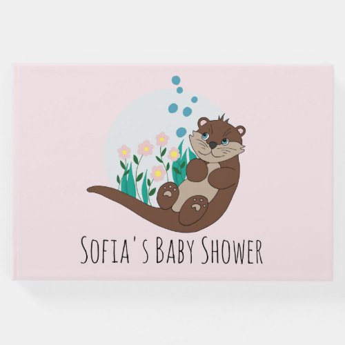 Cute Otter Cartoon Flowers and Name Baby Shower Guest Book