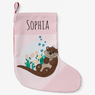 Cute Otter Cartoon Flowers and Name Kids Small Christmas Stocking