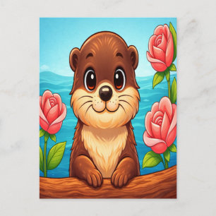 Cute Otter Cartoon Roses Water Cartoon Scene Gift Holiday Postcard
