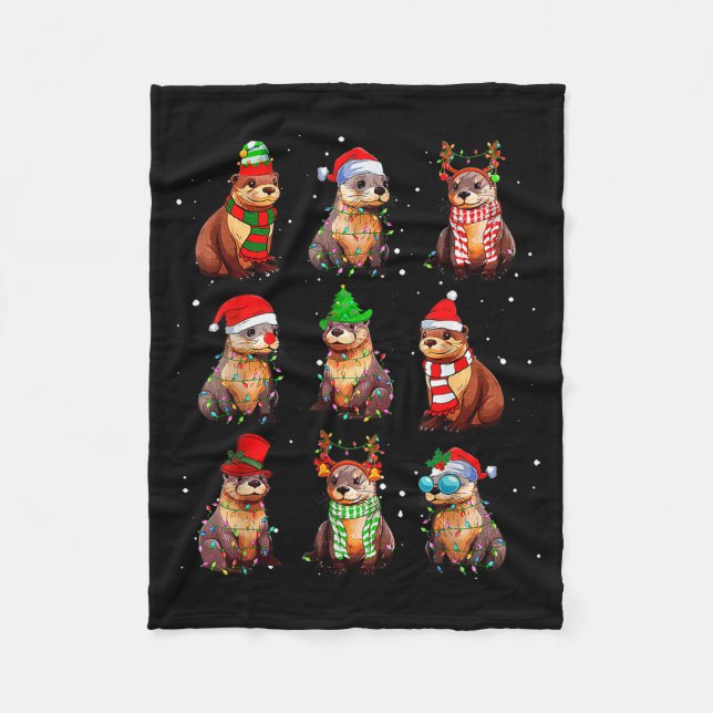 Cute Otter Christmas Pajama Funny Xmas Lights Anim Fleece Blanket (Front)