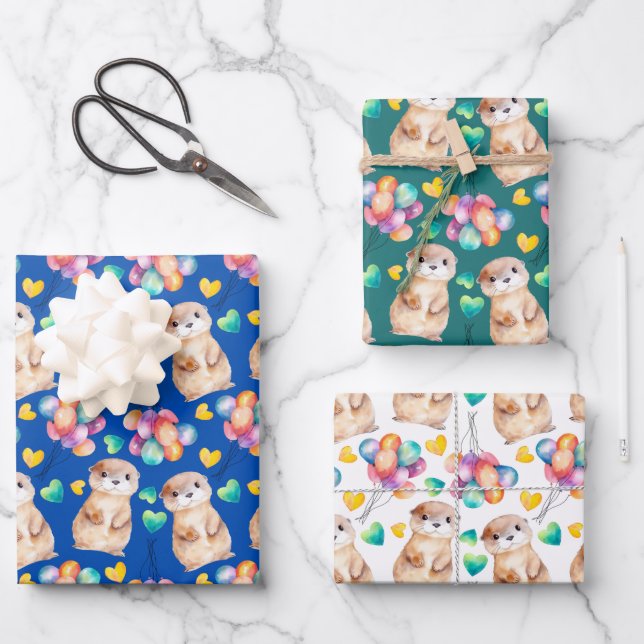 Cute Otter Colorful Balloon & Love Kids Wrapping Paper Sheets (Front)