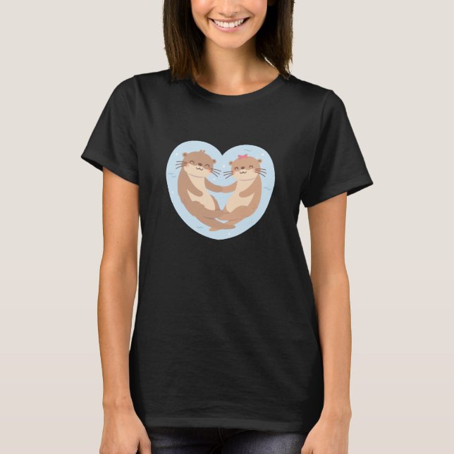 Cute Otter Couple Holding Hands in Heart T-Shirt (Front)