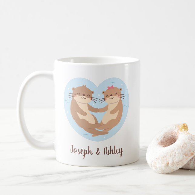 Cute Otter Couple Holding Hands Personalized Coffee Mug (With Donut)