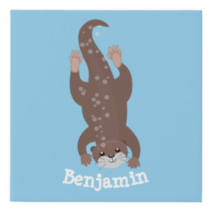 Cute otter diving cartoon illustration faux canvas print