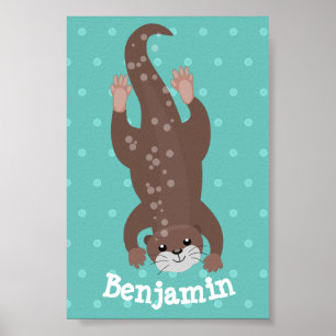 Cute otter diving cartoon illustration poster