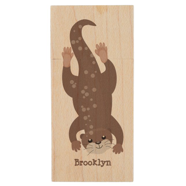 Cute otter diving cartoon illustration wood flash drive (Front Vertical)