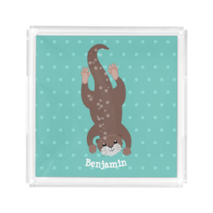 Cute otter diving on teal cartoon illustration acrylic tray