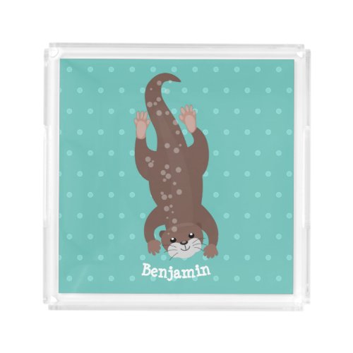 Cute otter diving on teal cartoon illustration acrylic tray