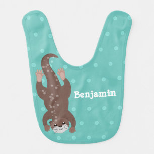 Cute otter diving on teal cartoon illustration baby bib