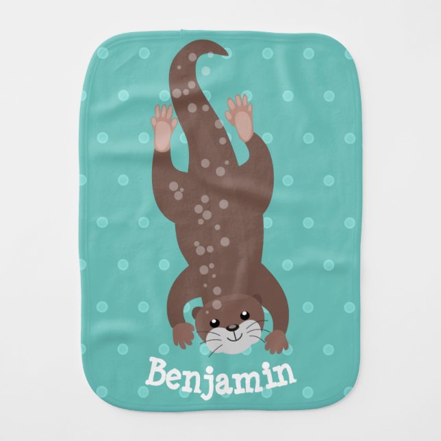 Cute otter diving on teal cartoon illustration baby burp cloth (Front)