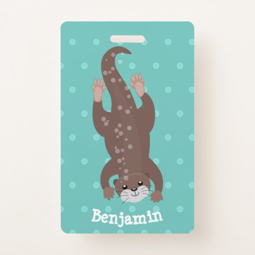 Cute otter diving on teal cartoon illustration badge