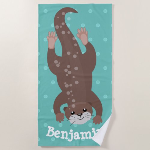 Cute otter diving on teal cartoon illustration beach towel