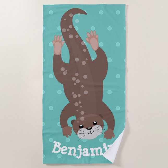 Cute otter diving on teal cartoon illustration beach towel (Front)