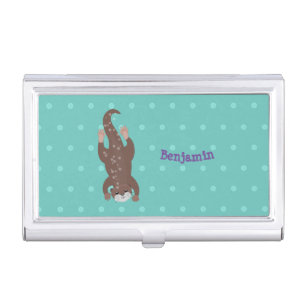 Cute otter diving on teal cartoon illustration business card case