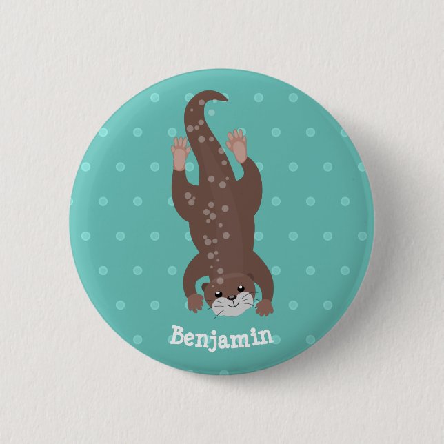 Cute otter diving on teal cartoon illustration button (Front)