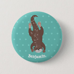 Cute otter diving on teal cartoon illustration button